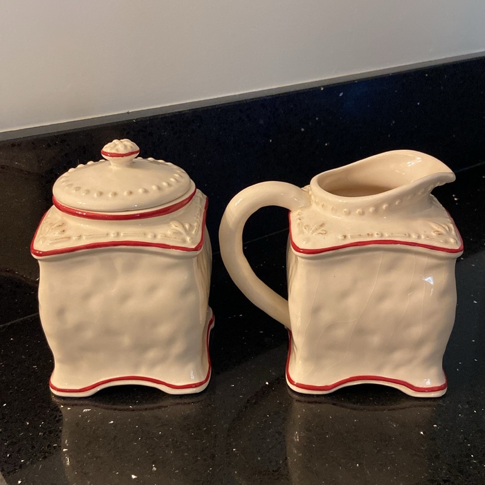 Farmhouse SET Sugar & Creamer Dark Red & Cream Plaid Rustic Cottagecore Country - Picture 3 of 16